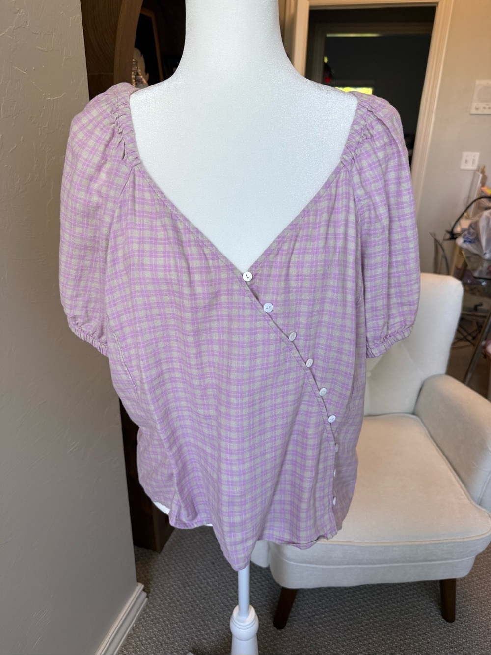 Madewell Linen Lavender Gingham Puff Sleeve Blouse Size L